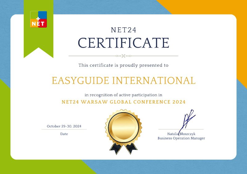Certificate of participation, NET24 Warsaw Global Conference 2024, presented to EasyGuide International