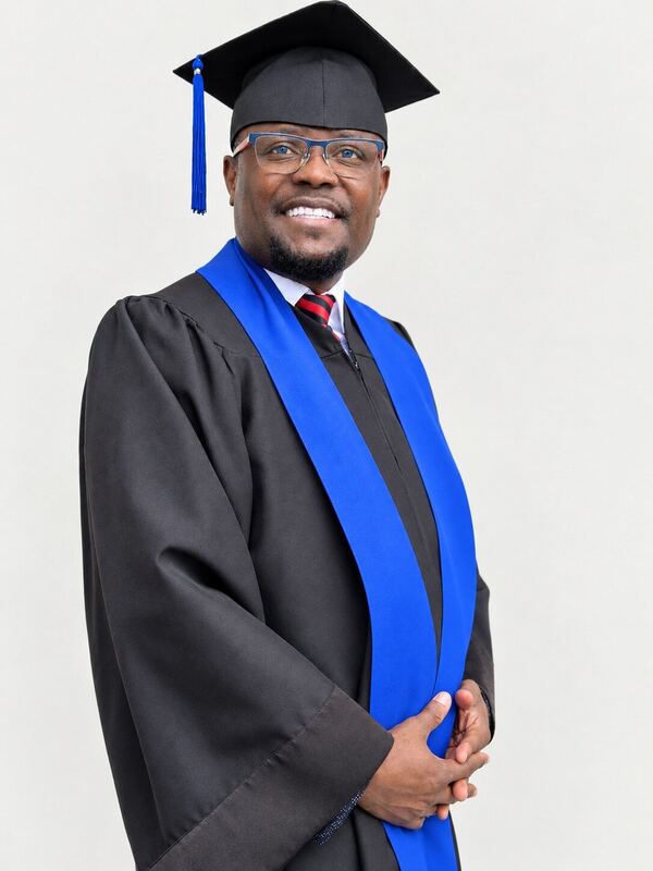 EasyGuide's founder in graduation cap and gown with a blue academic sash
